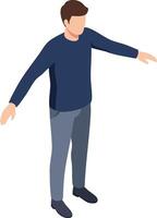 Young man standing with arms slightly extended wearing navy blue top and gray pants in isometric style illustration vector
