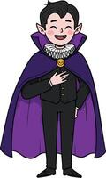 Cartoon vampire character in classic purple cape and formal black suit with ruffled collar and smiling expression illustration vector