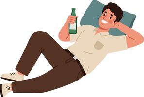 Relaxed man lying down with bottle in hand enjoying rest and leisure time on pillow illustration vector