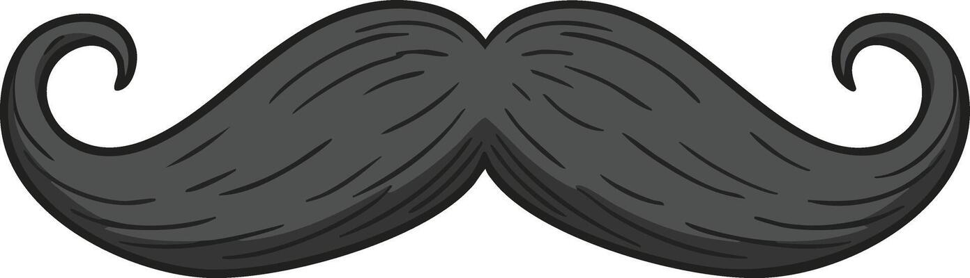 Curled black mustache illustration with detailed hair texture and classic style for design projects and decoration