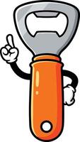 Bottle opener cartoon character with orange handle pointing finger illustration design vector