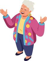 Elderly woman in colorful jacket smiling with open arms happy senior lifestyle illustration vector