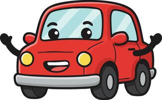 Red happy cartoon car with smiling face and waving arms illustration for kids and transport themes vector