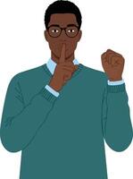 Man Wearing Glasses Making Silence Gesture with Finger on Lips in Teal Sweater Illustration vector