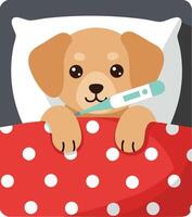 Sick dog lying in bed with thermometer and polka dot red blanket illustration vector