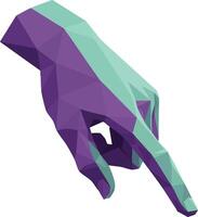 Polygonal low poly style hand pointing down in purple and teal colors illustration for design and art projects vector