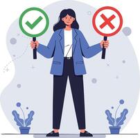 Businesswoman holding signs with check mark and cross symbols for decision making and approval concept vector