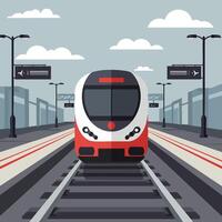 Modern train arriving at station with platform and overhead signage illustration in flat style vector