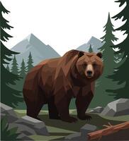Brown bear standing in forest with pine trees and mountain background illustration natural wildlife scene vector