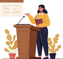 Woman giving presentation at podium with plants and projection screen illustration vector