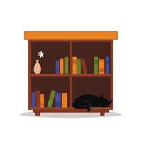 Illustration of Bookshelf with Sleeping Black Cat vector