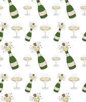 Glasses of champagne bottles and sparklers Seamless pattern. graphic line ink illustration. holiday print in sketch style illustration for package, holiday design, fabric and textile. vector