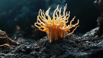 Enchanting Close-Up of Vibrant Cordyceps Mushroom Sprouting from Earth Soil photo