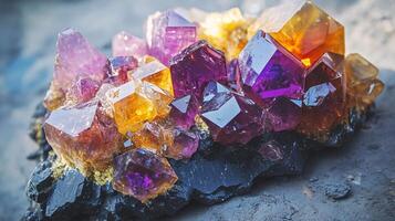 Rare and Colorful Mineral Cluster Displayed with Natural Earth Background photo