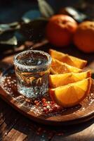 Freshly Poured Mezcal on Wooden Board Accompanied by Zesty Oranges photo