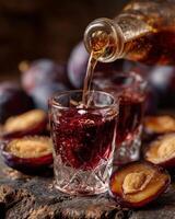 Intimate Pour of Slivovitz into a Crystal Glass Next to Dried Plums photo