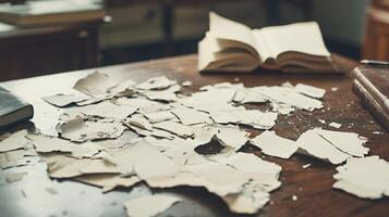 Torn stock photo licensing agreements strewn across a judge's desk