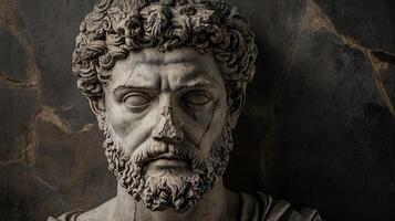 Cracked and Eroded Sculpture of Marcus Aurelius on Dark Stone photo