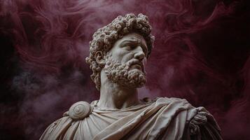 Majestic Marcus Aurelius Statue Captured in High Realism Amidst Swirling Burgundy Mist photo