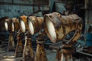Rows of Rusted Photography Lights in a Collapsed Studio Setting photo