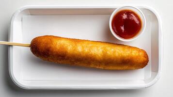Tasty corn dog presentation in a simple tray with dipping options nearby photo