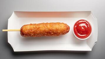 Corn dog on a stick served with tangy dipping sauce in a minimalistic paper tray photo