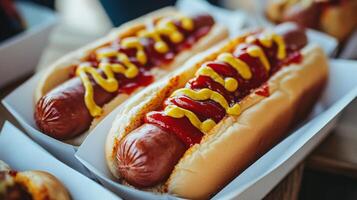 classic hot dog served in a white paper tray with ketchup and mustard photo
