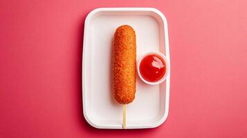 Crispy corn dog on a stick set against a clean backdrop with sauce photo