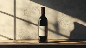 Aesthetic Red Wine Bottle with Minimalist Design on Rustic Table photo