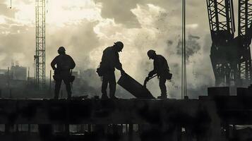 skilled laborers applying precision while pouring concrete into sturdy beam framework at a construction site photo