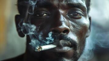 Intense Expression of a Black Man Deep in Thought While Smoking photo