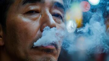 a detailed view of an Asian man deep in thought while smoking photo