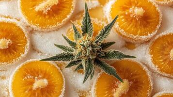 Enticing Display of Sugar-Coated CBD Fruit Slices and Cannabis Blossom photo