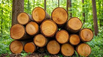 Stacked Logs in a Lush Green Forest Emphasizing Sustainable Forestry Practices photo