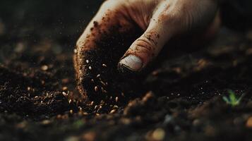 Extreme Close-Up of Green Fingers Planting Seeds into Dark Soil Mixture photo