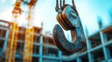 A Large Industrial Crane Hook in Sharp Focus with Blurred Construction Site Background photo