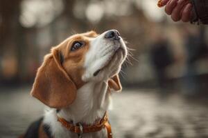 A dog is looking up at a person with a treat photo