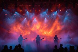 A band performing on stage with smoke and lights photo