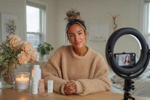A woman sitting at a table with her phone and makeup photo