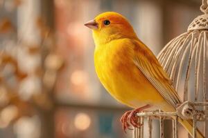 A yellow canary bird is sitting on a cage photo