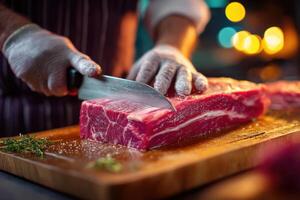 A chef cutting meat on a cutting board photo