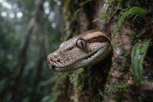 A snake is peeking out from behind a tree photo