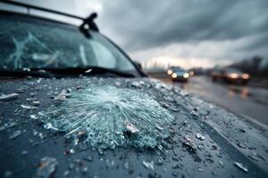 A broken windshield on a car with a broken windshield photo