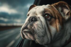 A bulldog looking out the window of a car photo
