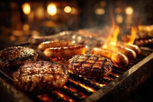 Grilled meat and sausages on a grill photo