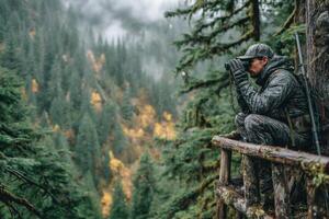 A man in camouflage gear sitting on a wooden railing overlooking the forest photo