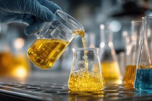 A person pouring liquid into a test tube photo