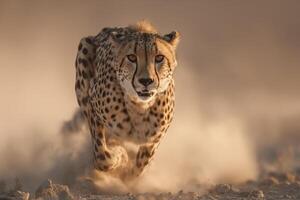 A cheetah running through the dust photo