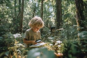 A young boy reading a book in the woods photo