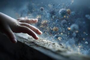 A child's hand reaching out to touch a virus photo